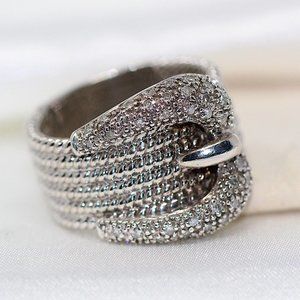 Signed EA Sterling Silver - Diamond Accent Cable Belt Buckle Ring - size 6.25